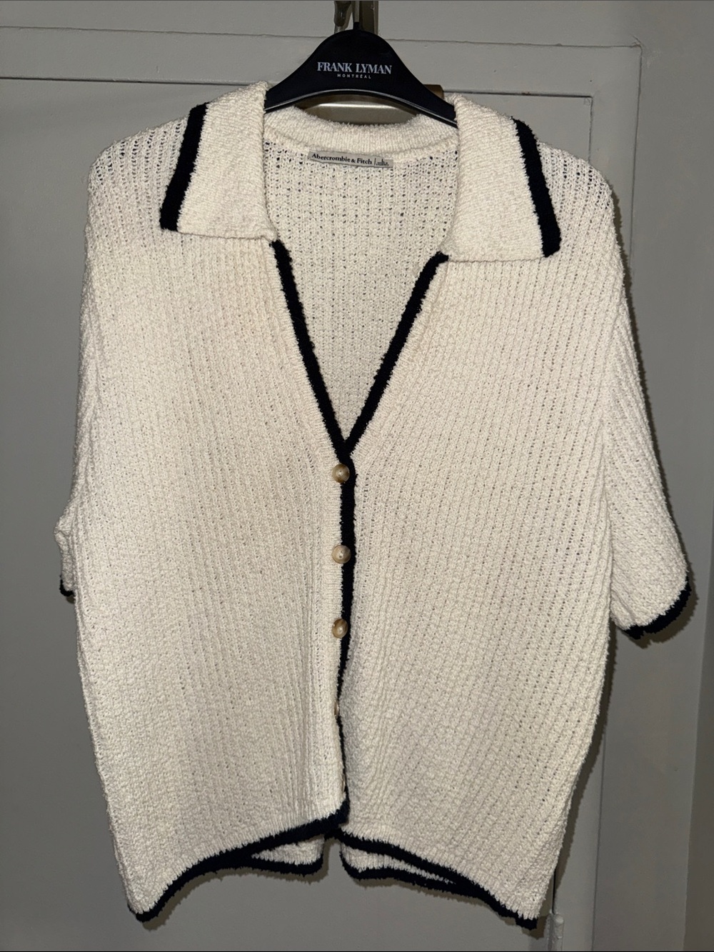 Abercrombie & Fitch Cream Short-Sleeve Knit Button-Up with Black Trim